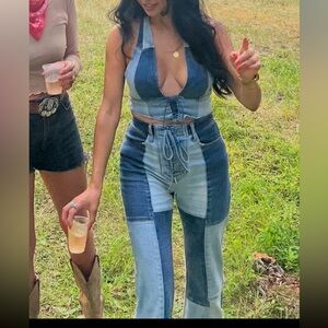 AFRM Blue and Light Blue Flare Jeans and Top set